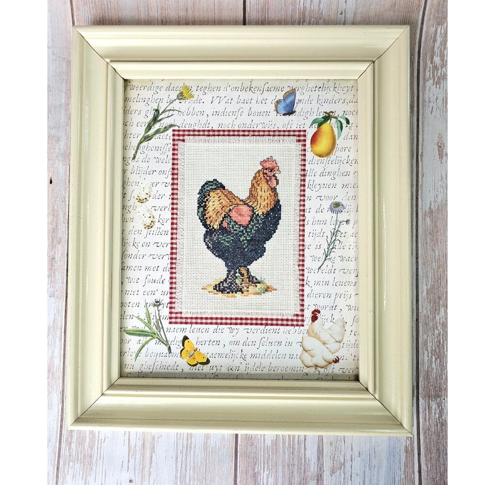 Vintage Framed Rooster Cross Stitch Country Kitchen Wall Art